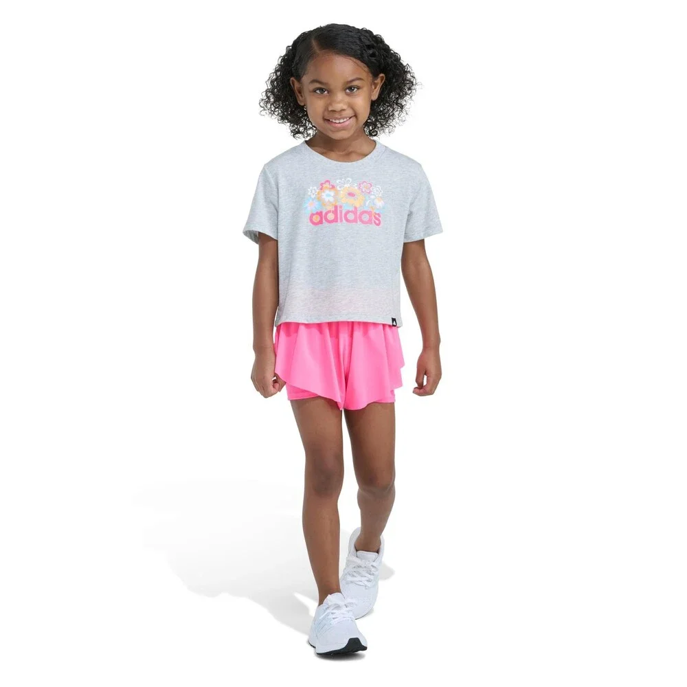 Adidas Girls 2-Piece Short Sleeve Graphic Tee Flowy Set Light Heather Gray 5